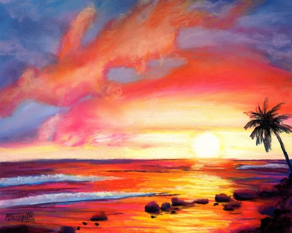 Kauai sunset, Kauai seascape print, beach sunset art, Kauai art, Hawaii paintings, colorful sunset, sunset at the beach, Kauai artwork