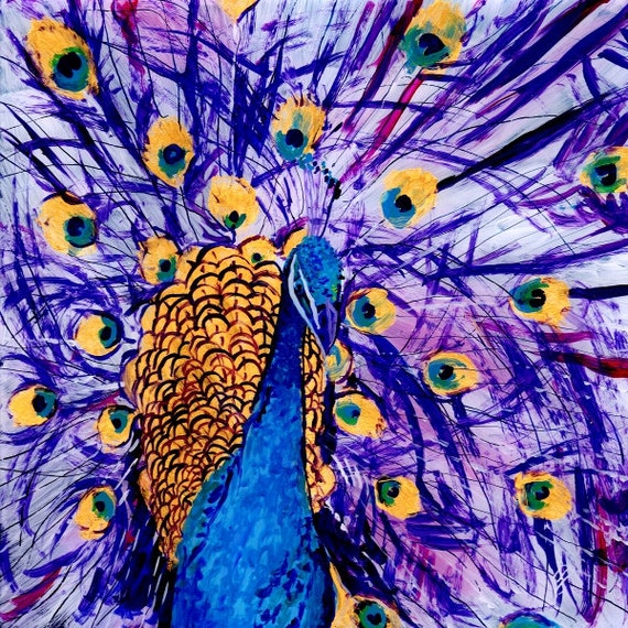 peacock art work, peacock decor, peacock painting, peacock art print, tropical Bird Art, Whimscial Animal Art,  Kids Room Art