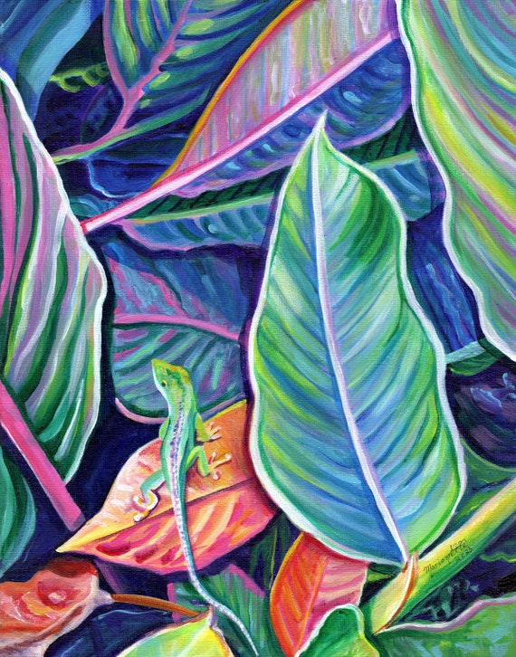 Hawaiian Lizard Art Print, Gecko, Chameleon, Anole, Tropical Garden, Hawaii Wall Decor, Gift for Him, Animal Artwork, Kids Room Painting