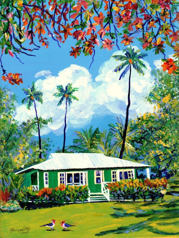 Sunny Day Plantation Cottage, Kauai Print, Kauai Painting, Kauai Wall Art, Kauai Decor, Hawaiian Art, Hawaii Artist, Waimea Cottages