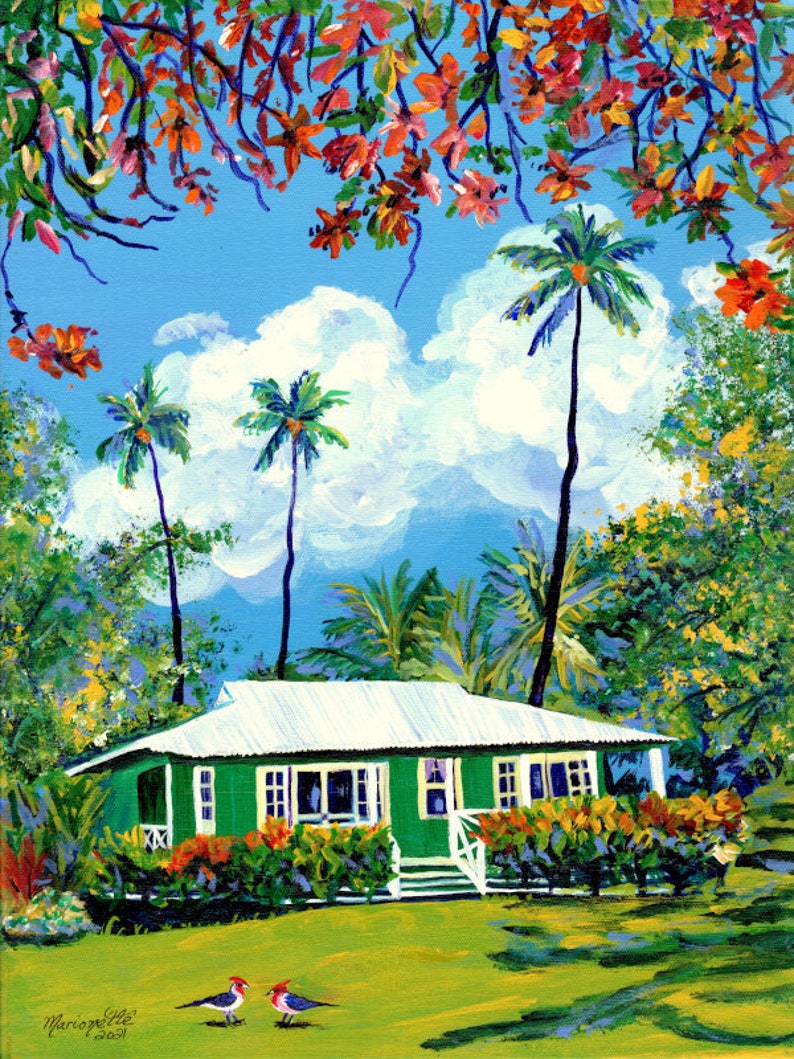 Sunny Day Plantation Cottage, Kauai Print, Kauai Painting, Kauai Wall Art, Kauai Decor, Hawaiian Art, Hawaii Artist, Waimea Cottages image 1