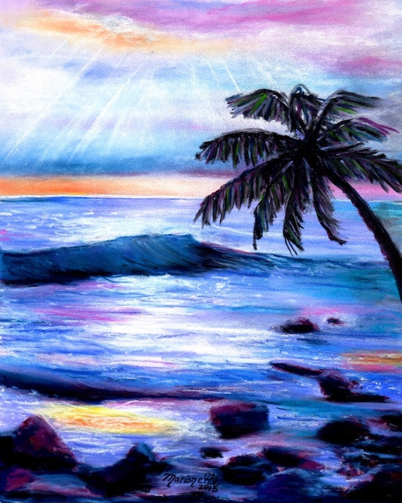 Hawaiian Sunset Print - Ocean Art Print - Kauai Beach Art - Hawaiian Sunset - Kauai Art Prints - Hawaii Seascape Art - Hawaii Decor