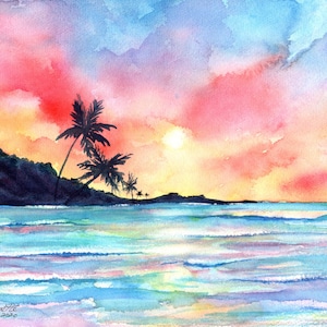 Kauai Sunset Art, Beach Wall Art, Watercolor Sunset Print, Hawaii Decor, Palm Trees, Surf Art, Hawaiian Artwork, tropical seascape painting