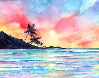 Kauai Sunset Art, Beach Wall Art, Watercolor Sunset Print, Hawaii Decor, Palm Trees, Surf Art, Hawaiian Artwork, tropical seascape painting