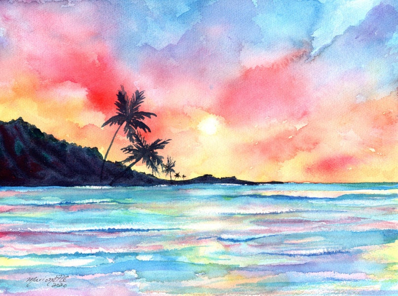 Kauai Sunset Art, Beach Wall Art, Watercolor Sunset Print, Hawaii Decor,  Palm Trees, Surf Art, Hawaiian Artwork, tropical seascape painting