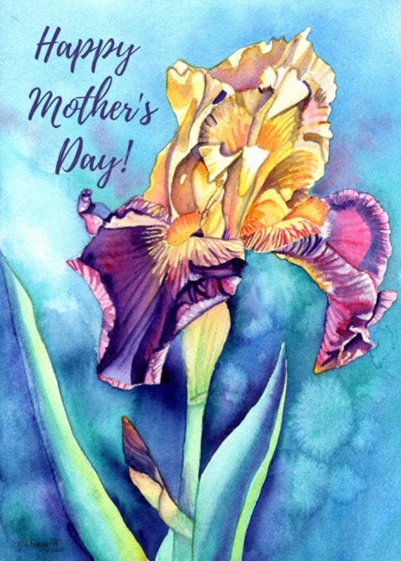 Printable Mothers Day Card, Card for Mom, Iris Greeting Cards, Download Greeting Card, Spring Flower Card, Watercolor Iris Flower