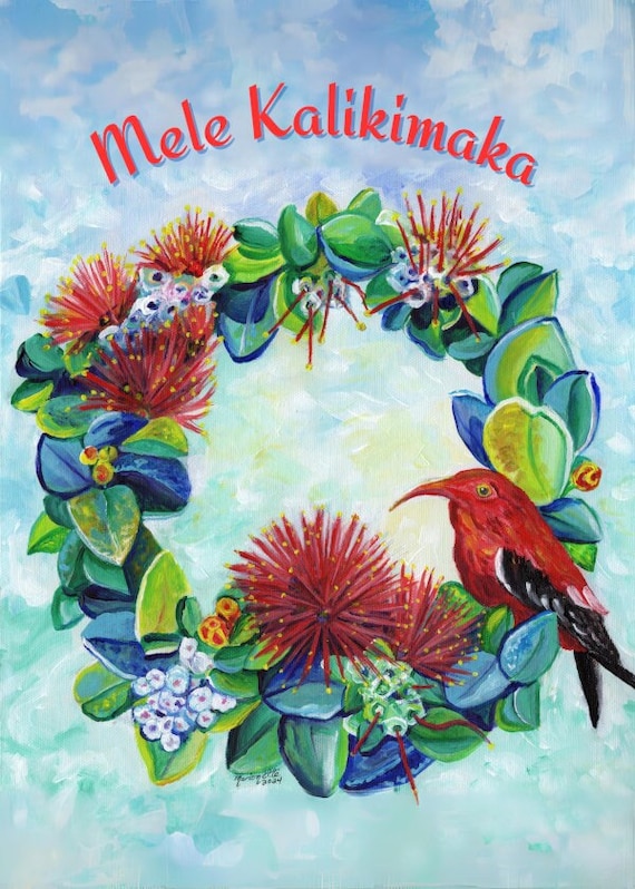 Printable DIY Hawaiian Christmas card 5x7 PDF, Mele Kalikimaka Kauai Native Forest Wreath with Iiwi Bird and Ohia Lehua, Instant Download