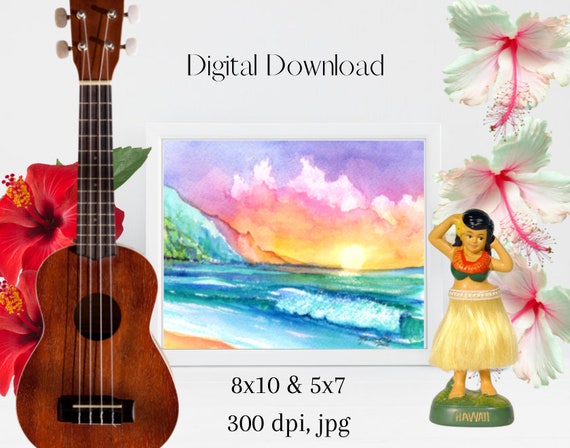 Hanalei Sunset Kauai, Downloadable Print jpg, Beach Decor, wall art, seascape, digital download, printable, art print, hawaii kauai