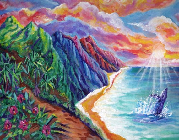 Breaching Humpback Whale at Na Pali Coast Art Print, Hawaii Paintings, Ocean Life, Sea Life, Kauai Art, Hawaiian Tropical Sunset