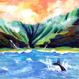 Na Pali Coast, Kauai Hawaii, Humpback Whale Tail, Seascape Painting, Kauai Art Print, Kauai Mountains