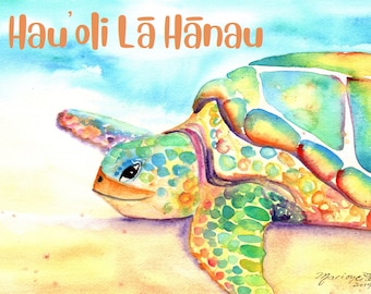 Hawaii Birthday Card, Sea Turtle, Hawaiian Happy Birthday, Hauoli La Hanau, Beach Birthday, Printable, DIY Greeting Card, PDF 5x7