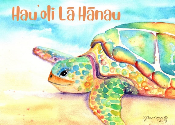 Hawaii Birthday Card, Sea Turtle, Hawaiian Happy Birthday, Hauoli La Hanau, Beach Birthday, Printable, DIY Greeting Card, PDF 5x7