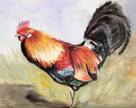 rooster print, kauai rooster art, kauai chickens, kauai birds, kitchen bird art, gifts for him, kauai giclee, hawaii art