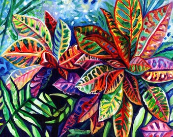 May include: A painting of a tropical plant with large, colorful leaves. The leaves are a mix of red, green, yellow, and purple. The painting is done in a vibrant, expressive style.