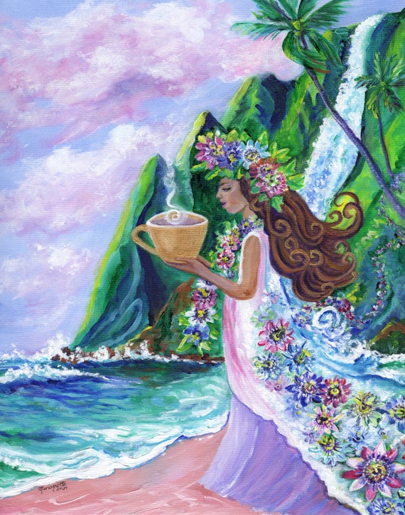 Goddess of Passion Fine Art Print from Kauai Hawaii, Hawaiian Seascape with waterfall and lilikoi flowers
