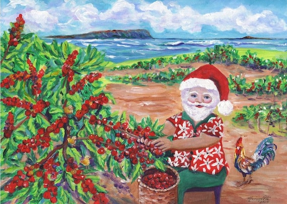 Santa Picking Coffee Mele Kalikimaka Digital DIY Card, Printable Card, Hawaiian Christmas PDF, Whimsical Tropical Santa Claus, Kauai Hawaii