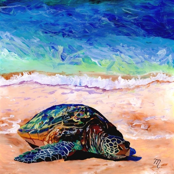 sea turtle print, hawaiian honu, sea life painting, turtle artwork, hawaii seascape, kids wall decor, nursery art