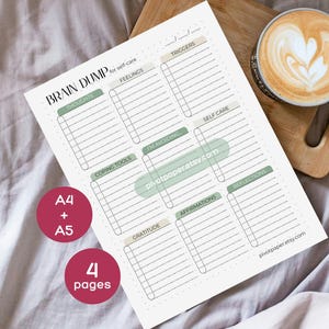 May include: A self-care brain dump printable with sections for thoughts, feelings, and coping tools. The A4 and A5 size printable has 4 pages. A cup of coffee with latte art sits on a wooden tray next to the paper.