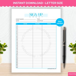 Folha de inscrição azul para impressão: Registro de voluntários e eventos (download instantâneo em PDF)
