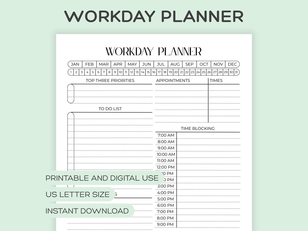 Work Day Planner Printable, US Letter Work Day Organizer, to Do List ...