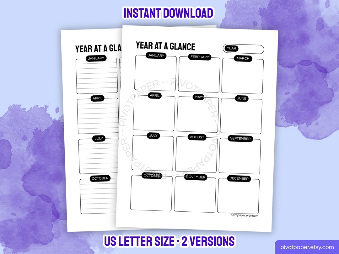 Year at a Glance Printable Two Page Yearly Planner Lined & Unlined 12 ...
