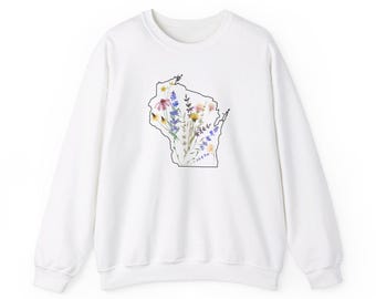 May include: White sweatshirt with a black outline of the state of Wisconsin filled with colorful wildflowers.