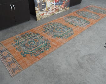 3x11 ft Turkish Vintage Runner, Soft Pastel Oushak Rug Runner, Handmade Wool Rug, Narrow Faded Hallway Decor, 3x11 Runner,Antique Runner,260