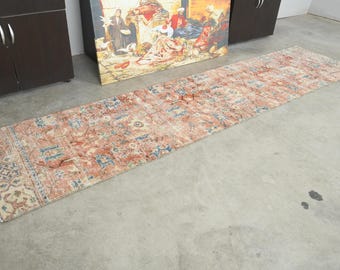 Vintage Turkish Runner 2x10, Faded Oushak Runner Rug,Wool Hallway Carpet,2x10 Runner,Handmade Neutral Runner Rug,Muted Long Antique Rug,1124