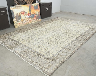 7x10 Turkish Rug, Oversize Oushak Vintage Rug, Handmade Wool Carpet,7x10 Area Rug, Neutral Large Rug,Muted Rug 7x10,Anatolian Turkey,258