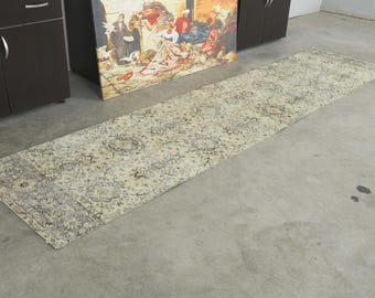 2x10 Turkish Rug, Vintage Oushak Runner 2x10, Handmade Wool Carpet, 2x10 Rug,Turkish Runner Rug,Muted Rug 2x10,Anatolian Turkey,258