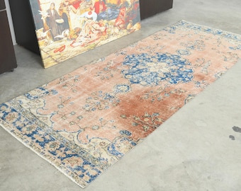 3x8 Turkish Rug, Vintage Oushak Runner 3x8, Handmade Wool Carpet, 3x8 Rug,Turkish Runner Rug,Muted Rug 3x8,Anatolian Turkey,134