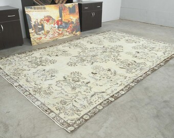 7x10 Turkish Rug, Overize Oushak Vintage Rug, Handmade Wool Carpet,7x10 Area Rug, Neutral Large Rug,Muted Rug 7x10,Anatolian Turkey,233