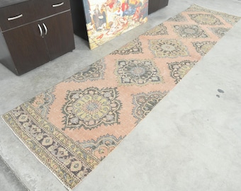 3x13 Rug, Faded Turkish Runner, Vintage Runner 3x13, Wool Runner, Muted Oushak Runner Rug,Hallway Rug,Handmade Rug Runner,145