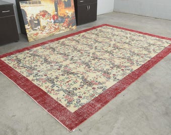 7x10 Turkish Rug, Oversize Oushak Vintage Rug, Handmade Wool Carpet,7x10 Area Rug, Neutral Large Rug,Muted Rug 7x10,Anatolian Turkey,242