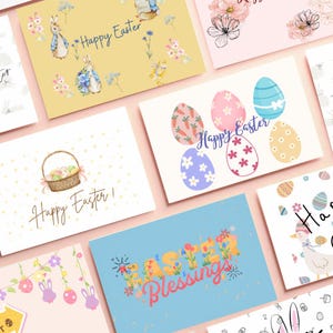 Pacote de cartões de Páscoa | 5 cartões de felicitações de coelho fofos | Download digital