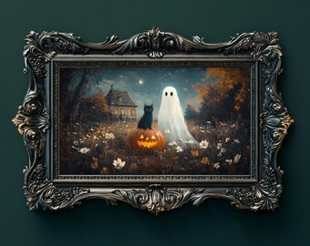 Moody Halloween Art | Ghost Painting | Cat Art | Dark Academia | Gothic Artwork | Dark Cottagecore | Frame TV Artwork | Samsung Frame TV Art