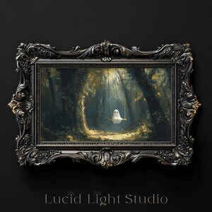 An oil painting of a cute ghost wearing sitting on a tree swing in the forest. Dappled light shines down on the ghost through the forest canopy. Painted with visible rough brush strokes in the style of dark academia and dark cottagecore.