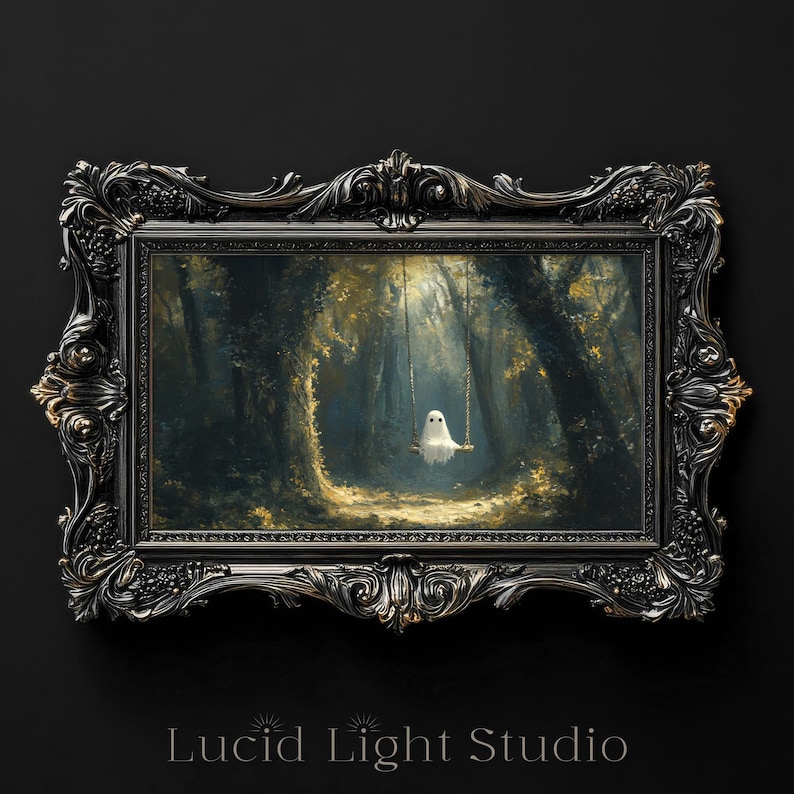 An oil painting of a cute ghost wearing sitting on a tree swing in the forest. Dappled light shines down on the ghost through the forest canopy. Painted with visible rough brush strokes in the style of dark academia and dark cottagecore.