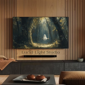An oil painting of a cute ghost wearing sitting on a tree swing in the forest. Dappled light shines down on the ghost through the forest canopy. Painted with visible rough brush strokes in the style of dark academia and dark cottagecore.