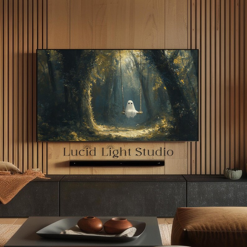 An oil painting of a cute ghost wearing sitting on a tree swing in the forest. Dappled light shines down on the ghost through the forest canopy. Painted with visible rough brush strokes in the style of dark academia and dark cottagecore.