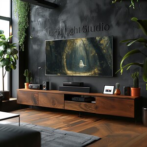 An oil painting of a cute ghost wearing sitting on a tree swing in the forest. Dappled light shines down on the ghost through the forest canopy. Painted with visible rough brush strokes in the style of dark academia and dark cottagecore.