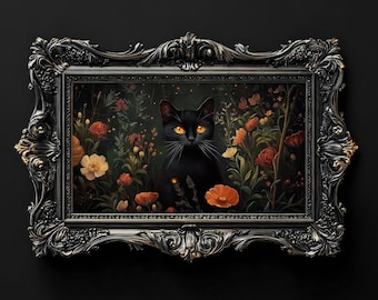Moody Halloween Art | Cat Artwork | Dark Academia | Wildflower TV Art | Dark Cottagecore | Fall Frame TV Artwork | Samsung Frame TV Art