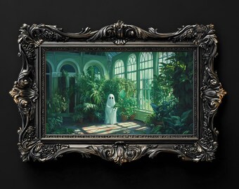 Cute Ghost Painting | Leaves Artwork | Moody Halloween Art | Dark Academia | Gothic Artwork | Fall Frame TV Artwork | Samsung Frame TV Art