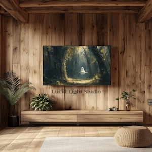 An oil painting of a cute ghost wearing sitting on a tree swing in the forest. Dappled light shines down on the ghost through the forest canopy. Painted with visible rough brush strokes in the style of dark academia and dark cottagecore.