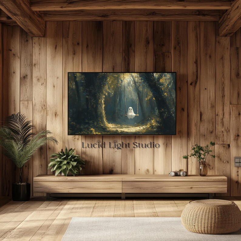 An oil painting of a cute ghost wearing sitting on a tree swing in the forest. Dappled light shines down on the ghost through the forest canopy. Painted with visible rough brush strokes in the style of dark academia and dark cottagecore.