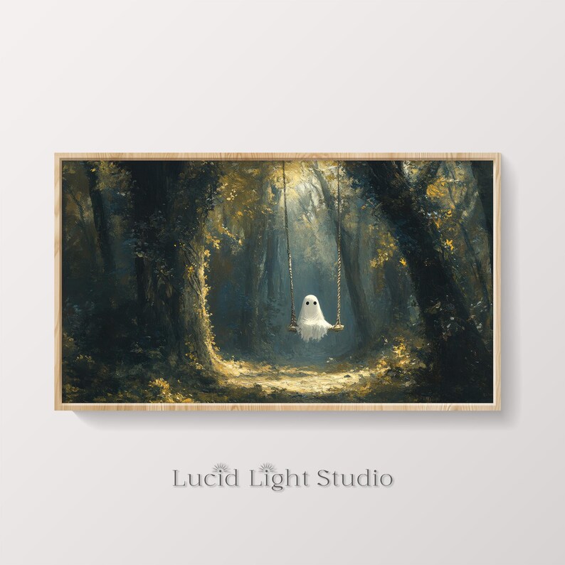 An oil painting of a cute ghost wearing sitting on a tree swing in the forest. Dappled light shines down on the ghost through the forest canopy. Painted with visible rough brush strokes in the style of dark academia and dark cottagecore.