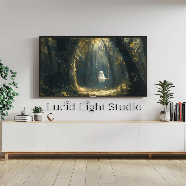 An oil painting of a cute ghost wearing sitting on a tree swing in the forest. Dappled light shines down on the ghost through the forest canopy. Painted with visible rough brush strokes in the style of dark academia and dark cottagecore.