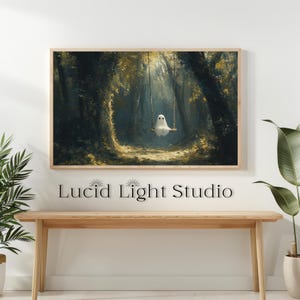 An oil painting of a cute ghost wearing sitting on a tree swing in the forest. Dappled light shines down on the ghost through the forest canopy. Painted with visible rough brush strokes in the style of dark academia and dark cottagecore.