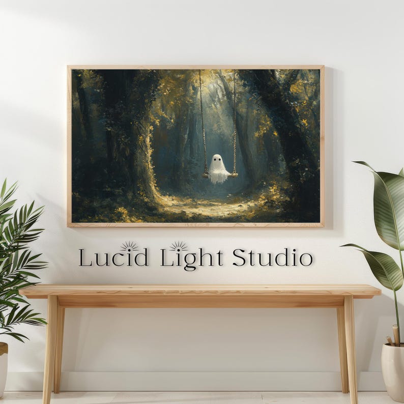 An oil painting of a cute ghost wearing sitting on a tree swing in the forest. Dappled light shines down on the ghost through the forest canopy. Painted with visible rough brush strokes in the style of dark academia and dark cottagecore.