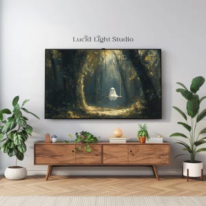 An oil painting of a cute ghost wearing sitting on a tree swing in the forest. Dappled light shines down on the ghost through the forest canopy. Painted with visible rough brush strokes in the style of dark academia and dark cottagecore.